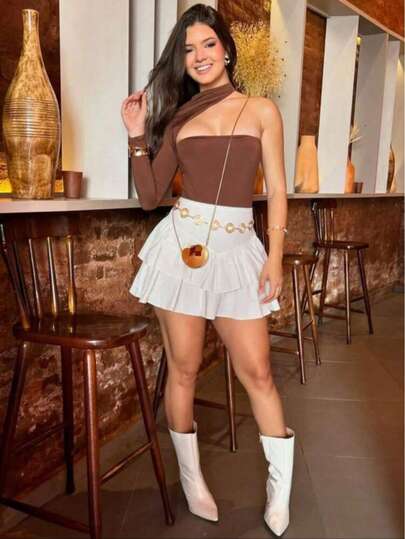 Saia Feminina Curta Moda Blogueirinha 3 Camadas Cintura Alta