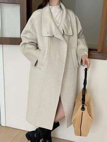Fashionable Women's Long Double-Faced Wool Coat Long Sleeve Waterfall Neckline Drop Shoulder Design With Functional Buttons And Pockets Regular Fit Overcoat. - Beige - View 2