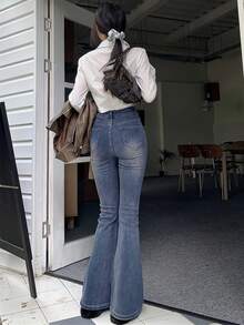 复古风格大口袋牛仔喇叭裤 - 復古藍色 - 查看 6