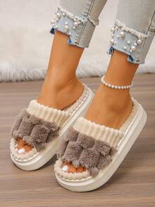 Women's Fluffy Soft Plush Open Toe Thick Bottom Warm Indoor Slippers, Cozy Home Wear, Non-Slip Quiet Floor Slippers, Autumn/Winter