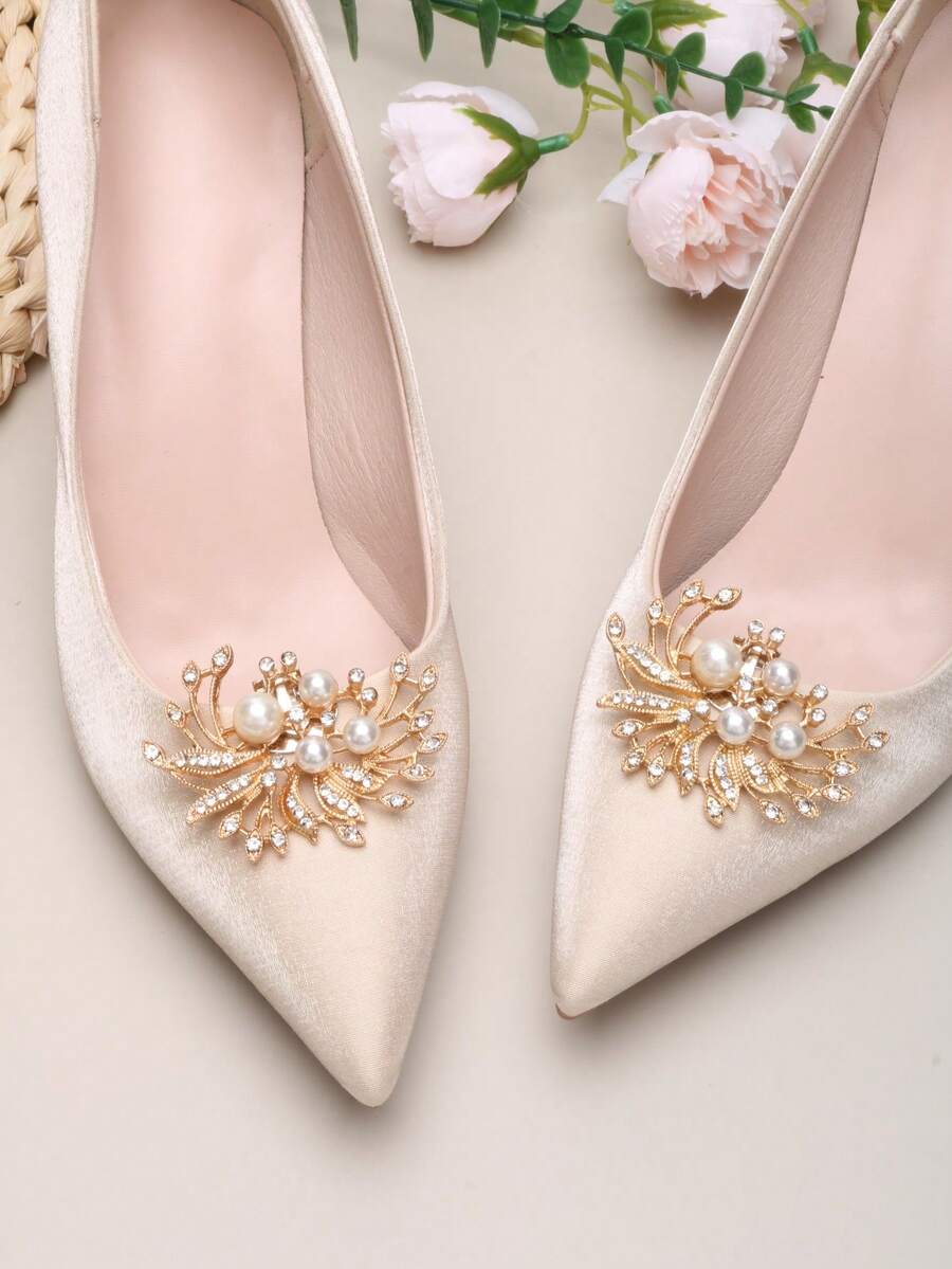 2件装可拆卸DIY鞋饰，金色羽毛翅膀造型水晶装饰鞋夹，时尚优雅，适用于高跟鞋、平底鞋、凉鞋、浅口鞋、婚鞋、约会鞋、婚礼鞋、办公鞋等。