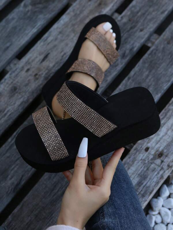 Women's Summer New Rhinestone Decor Anti-Slip Thick Sole Beach Slippers, Double Strap High Heel Sandals, Suitable For Outdoor, Beach, Wedding, Vacation, Black Wedge Platform Flip Flops
