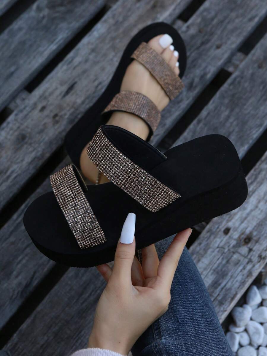 Dép đi biển đế dày chống trượt đính đá thời trang mùa hè mới cho nữ, dép cao gót quai đôi, thích hợp cho các hoạt động ngoài trời, bãi biển, đám cưới, kỳ nghỉ, dép xỏ ngón đế xuồng màu đen - Thỏi kim cương vàng - Xem 1