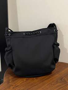 Túi tote vải nylon trơn in chữ trang trí dung tích lớn mới cho mùa xuân/hè, túi đeo chéo cho nữ, túi học sinh - màu đen - Xem 6