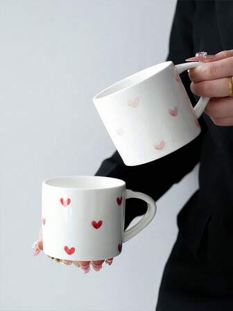 1pc Red Heart Pattern Ceramic Cup, Minimalist White Porcelain Straight Cup, Coffee Mug, Handpainted Heart Detail, Suitable For Coffee, Milk, Gathering, Afternoon Tea, Water Cup, High-Quality Office/Breakfast Ceramic Mug