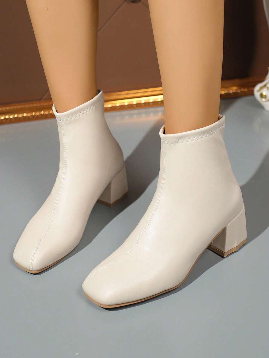 Square Toe Short Ankle Boots For Women, Autumn, Chunky Heel, Fashion Versatile, Soft Leather, Elastic Ankle Boots, High Heel