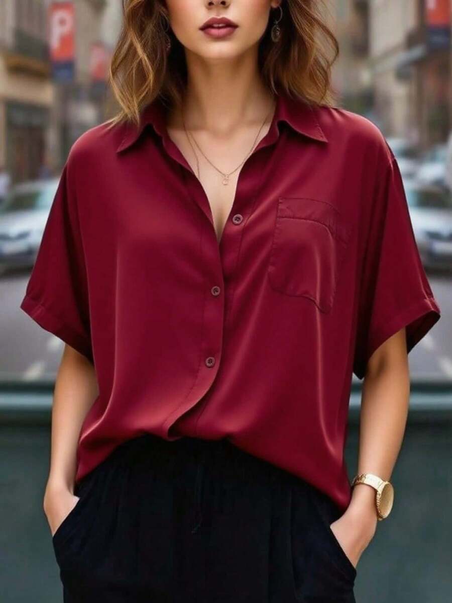 Women's Casual Short Sleeve Blouse, Suitable For Summer Vacation - Burgundy - View 1