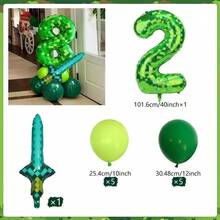 40 Inch Green Pixel Miner Themed Balloon Set, Diamond Sword Aluminum Film Balloon Jungle Game Event, Birthday Party Decoration