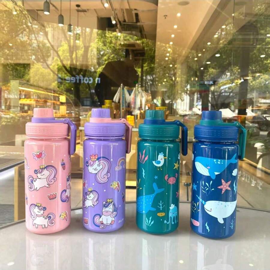 1pc 600ml Cute Animal Print Water Bottle, Leak-Proof With Lid, Portable Handheld Water Bottle Suitable For Back To School, Commuting, Outdoor Activities, Picnic, Camping, Travel, Sports, Fitness, Office Use, Holiday, Birthday, Anniversary, Graduation, New Year, Halloween, Christmas Gifts, Suitable For School, Camping And Hiking - Multicolor - View 1