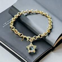 1 pieza Pulsera de plata de ley 925 con pentágono y cristal de circonita, joya de regalo versátil y minimalista de moda para mujeres - Dorado - Ver 3