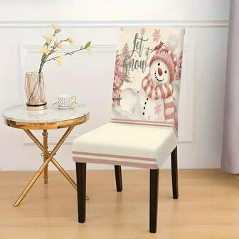 1/2/4/6/8 Sets Of Printed Chair Covers With Pink Background And Snowman Design, Embellished With Snowflakes, Classic Design, Elastic Fabric, Digital Printing, Elastic Band Design, Machine Washable, Hand Washable, 100% Polyester Fiber, Suitable For Christmas Themed Home, Party And Banquet Decoration, And Also Suitable As Christmas Decoration Gift