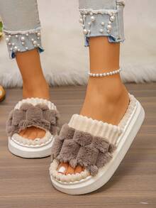 Women's Fluffy Soft Plush Open Toe Thick Bottom Warm Indoor Slippers, Cozy Home Wear, Non-Slip Quiet Floor Slippers, Autumn/Winter