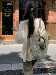 女式立领长袖纽扣前开襟衬衫，采用优雅纹理面料制成（随机条纹图案） - 杏色 - 查看 7