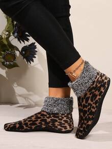 1 Pair Plus Size Black Leopard Print Thermal Lined Floor Socks, Warm Indoor Home Socks For Women, Suitable For Yoga, Sleeping, Carpet - Multicolor - View 5