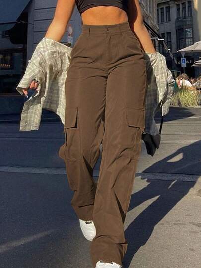 Flap Pocket Solid Color Cargo Pants, Y2K Slant Pocket Button Front Every Day Pants, Women's Clothing