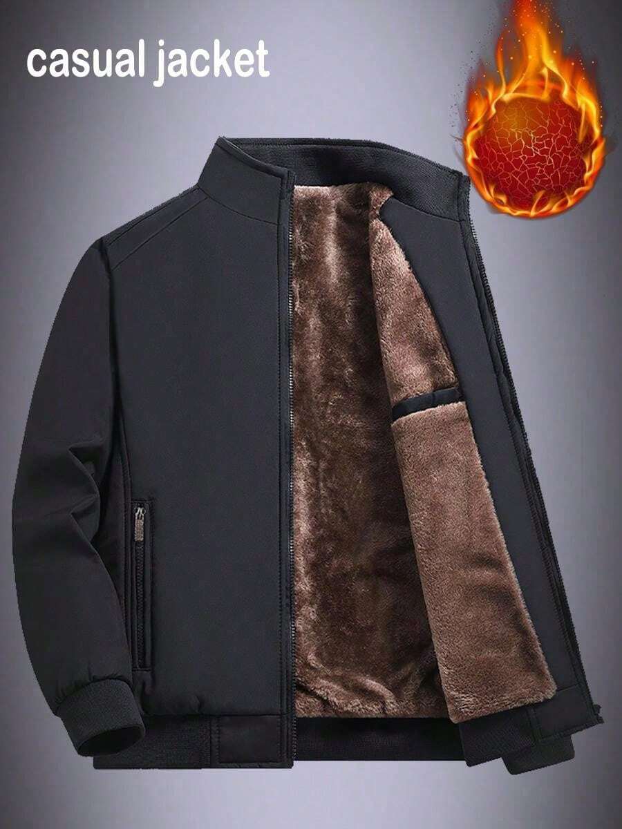 Men's Thermal Lined Stand Collar Casual Jacket, Outdoor Clothing,Fleece,Winter - Black - View 1