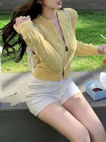 韩版甜美复古双拉链麻花针织开衫 - 黃色 - 查看 6