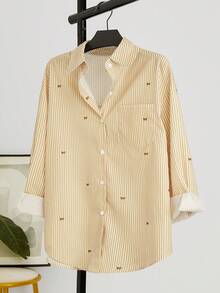 女士休闲通勤条纹蝴蝶结印花衬衫 - 黃色 - 查看 3