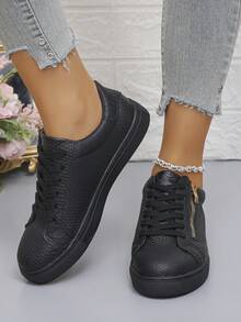 女士新款黑色休闲运动鞋，蛇纹PU材质，经典系带侧拉链设计，简约户外休闲舒适鞋（尺码偏小） - 黑色 - 查看 4