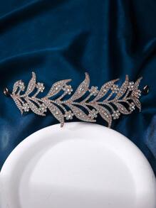 1pc Women Rhinestone Leaf Decor Glamorous Bride Headband For Wedding Party Elegant Tiaras Valentine's Day Accessories - Silver - View 15