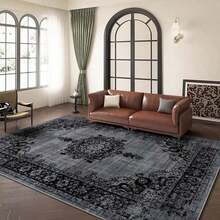 Elegante alfombra de área vintage con patrón floral simétrico, cómoda para dormitorio, sala de estar, estudio, entrada, decoración de habitación como alfombra de piso, moderna alfombra de piso absorbente de poliéster, lavable y antideslizante, alfombra para sala de estar - Decoración del hogar de temporada, alfombras para dormitorio, alfombras grandes para sala de estar, tonos negros, alfombra para dormitorio, decoración de sala de estar - Multicolor - Ver 4