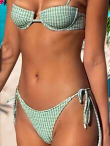 Women's Bikini Set Green Plaid Print Straps - Xanh nhạt - Xem 3