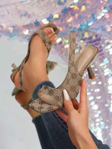 女士方头系带露趾凉鞋，新款缎面优雅高跟鞋女士黑色细高跟凉鞋，优雅露趾高跟鞋，适合夏季 - 卡其色 - 查看 6