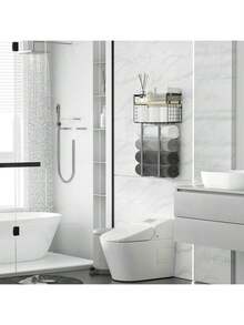 Bathroom Wall Mounted Storage Rack | Bathroom Towel Organizer Shelf | Floating Wall Shelf Wooden Tray | Bath & Beauty Products Storage | Installed By Expansion Screws | For Towel/Shampoo/Shower Gel/Toothbrush Cup Storage Bathroom Accessories - Black - View 3