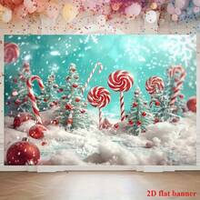 1pc Polyester Christmas Backdrop, Holiday Wall Decor With Snow Christmas Tree, Candies, Lollipops, Red Ornaments And Blue Sky Design, Suitable For Living Room, Outdoor Decoration And Photography Studio, No Power Needed, Hanging Installation, Universal Holiday Use