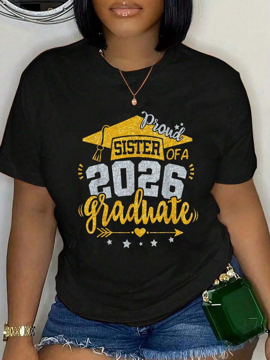100% Cotton Proud Sister Of A 2026 Graduate Grad Senior Graduation T-Shirt Women's Men's Graphic Tee Comfort Crew Neck Summer Vacation Tops - 黑色 - 查看 1