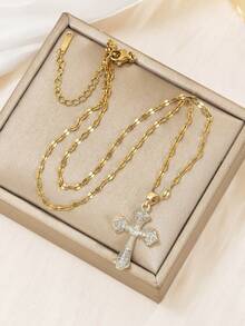 1pc Luxury Copper Zirconia Cross Pendant Necklace For Women - Gold - View 3