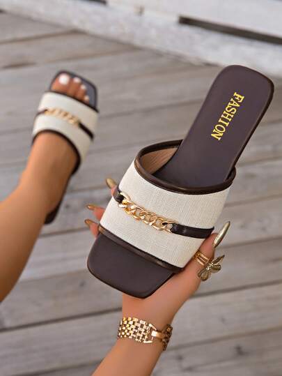 [Casual Flat Sandals] Women's Casual Flat Sandals With Chain Buckle, Open Toe, Slip-On, TPR Sole - Suitable For Beach