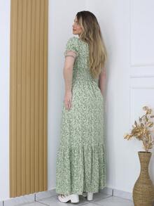 A&D Long Dress In VISCOSE LINEN With Floral Print And Elastic Lining - 綠色 - 查看 3
