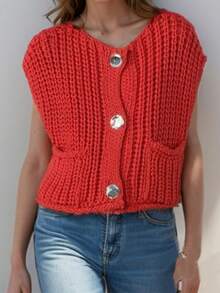 Women's Sleeveless Crochet Sweater Button Down Vintage Casual Streetwear Vest Tops With Pockets Cropped Knit Cardigan Fall Clothes - Red - View 7