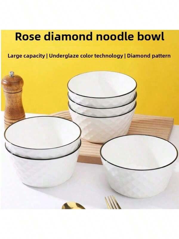 1pc/2pcs/4pcs Rose Diamond Patterned Ceramic Bowl, 4.5in/5in Pasta/Soup Bowl, Deep Ceramic Bowl, Microwave , Luxury Nordic Style Diamond Black Line Design
