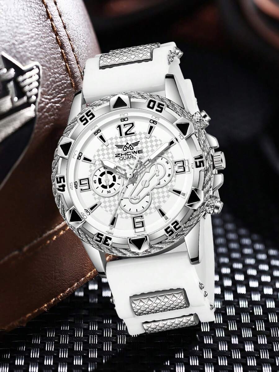 1条男士硅胶表带，休闲运动三眼数字石英表，适合日常佩戴或作为节日礼物送给朋友 - 銀色 - 查看 1