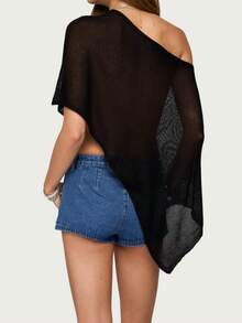 Women's Sheer Ponchos Off Shoulder Short Sleeve Solid Color T-Shirts Asymmetrical Knit Tops - màu đen - Xem 3