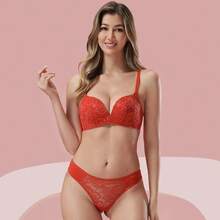 Z&D Lingerie Set Without Underwire Lace Detail Panties Lace Front Thong 8097 - 紅色 - 查看 2