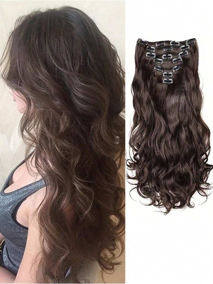 7件套16个夹子，24英寸长卷曲合成假发，耐热发夹，渐变黑棕金色，女士款 - 棕色 - 查看 1
