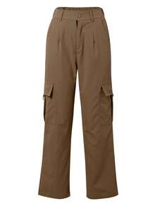 Flap Pocket Solid Color Cargo Pants, Y2K Slant Pocket Button Front Every Day Pants, Women's Clothing - Brown - View 7