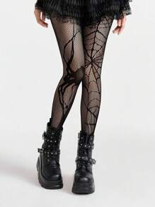 1pc Halloween Plus Size Women Sexy Spider Web Fishnet Stockings/Pantyhose, Stretchy Knit Tight Leggings Christmas Gift - Spider and Spider Web - View 1