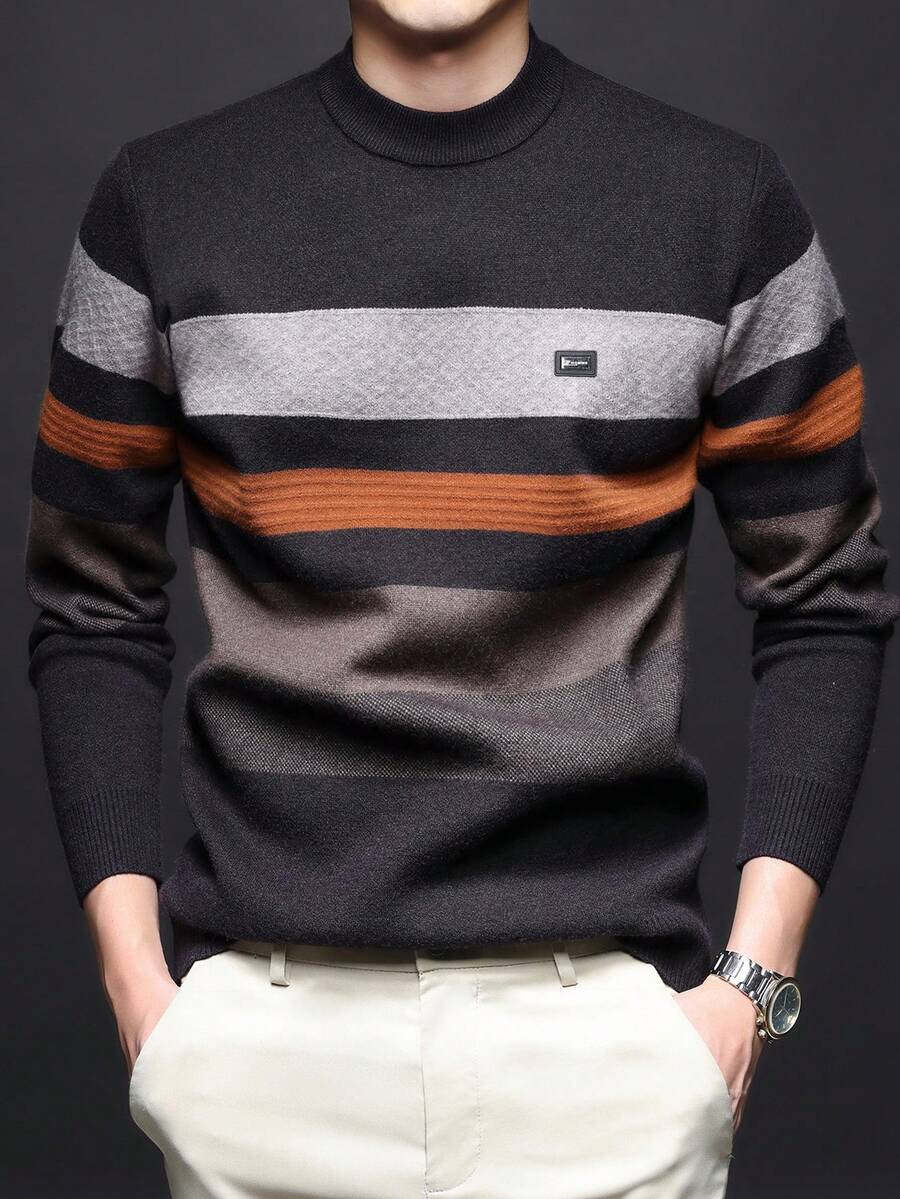 男士厚圆领毛衣，商务休闲提花针织长袖套头衫，适合分层穿着或外套，秋冬