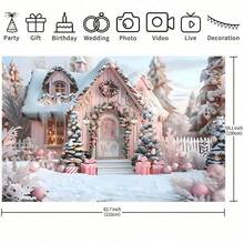 A Winter Wonderland Pink Cottage Backdrop, Perfect For Photography Backgrounds, Party Decorations, Christmas Photo Shoots, And Ideal For Home Garden, Cartoon, And Bedroom Decorations. - Multicolor - View 4
