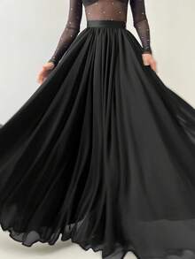 Falda maxi elegante de mujer de gasa de malla sólida negra con pliegues, ideal para festivales de música, fiestas, uso diario de chicas jóvenes, sesiones de fotos en la playa y vacaciones, atuendo casual de oficina para primavera/verano - Negro - Ver 11