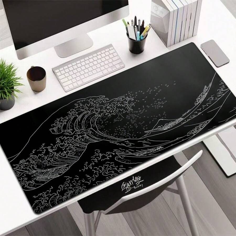 1PC Black & White Giant Wave Gaming Mouse Pad - Large Desk Mat, Office Desktop Accessory | Locking Edge Design, Non-Slip Rubber Base | XL & XXL Sizes Available, Suitable For Home & Office | Ideal Gift For Boyfriend/Girlfriend, Back To School Essential - 黑色 - 查看 1