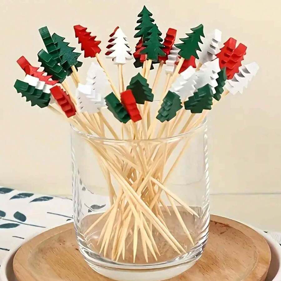 400/200/100/80/20pcs Bamboo Food Picks, Christmas Tree Food Picks, Appetizer Decorative Toothpicks With Leaves, Fruit Skewers, Pumpkins, Acorns - Multipurpose Toothpicks For Thanksgiving, Halloween, Christmas, Easter And Parties - Multicolor - View 1