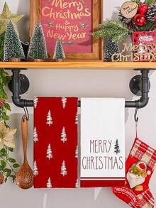 Set 2 buc. prosoape de bucătărie de Crăciun, prosoape de vase cu mesajul "Crăciun fericit", amestec de poliester ultra moale, design modern, decor de brad de Crăciun alb și roșu, 15,7 x 23,6 inci
