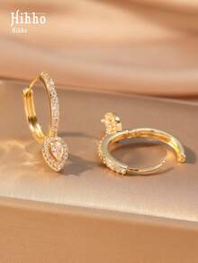Hihho 1 Cặp bông tai hình giọt nước đính đá Zirconia tối giản, Phụ kiện trang sức thời trang, Quà tặng cho ngày hẹn hò - Vàng - Xem 2