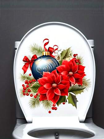 1 PIEZA Pegatina de campanas y flores de Nochebuena para inodoro - PVC autoadhesivo, resistente al agua y extraíble para paredes de vidrio, perfecta para asientos de inodoro, tanques de agua, gabinetes, salas de estar, decoración navideña del baño, decoración del hogar, decoración festiva, etc. para hacer que la decoración del hogar sea talla grande interesante