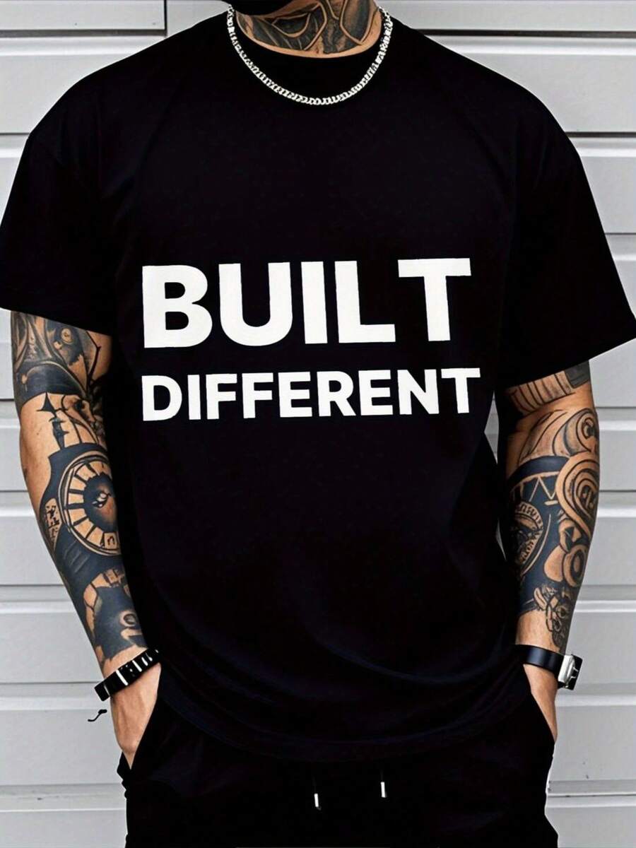 Men's Big & Tall 100% Cotton T-Shirt With Bold "BUILT DIFFERENT" 3D Print - Breathable Regular Fit Short Sleeve Tee For Gym, Outdoor & Casual Wear - Machine Washable Round Neck Cotton Shirt, Gym Attire, Sporty Look, Comfortable Wear, Sports Apparel, Streetwear Style, Soft Material, Streetwear Lovers, PLUS SIZE - 黑色 - 查看 1